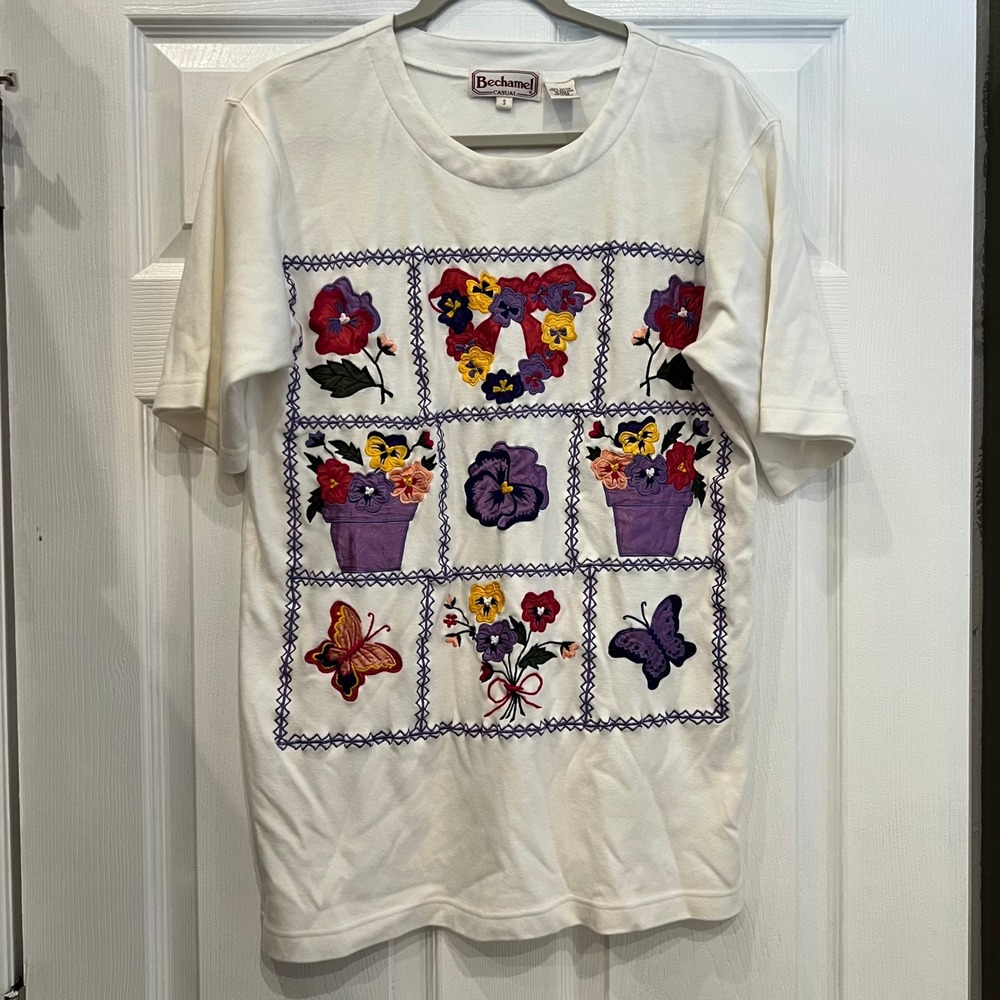 Bechamel Casual T-Shirt Cotton Blend Embroidered Floral Butterfly Cottagecore S